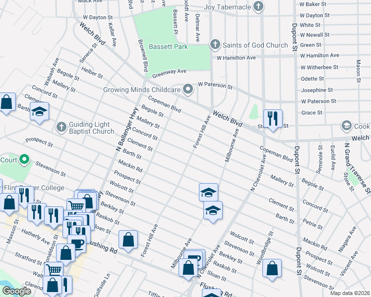 map of restaurants, bars, coffee shops, grocery stores, and more near 2611 Mallery Street in Flint