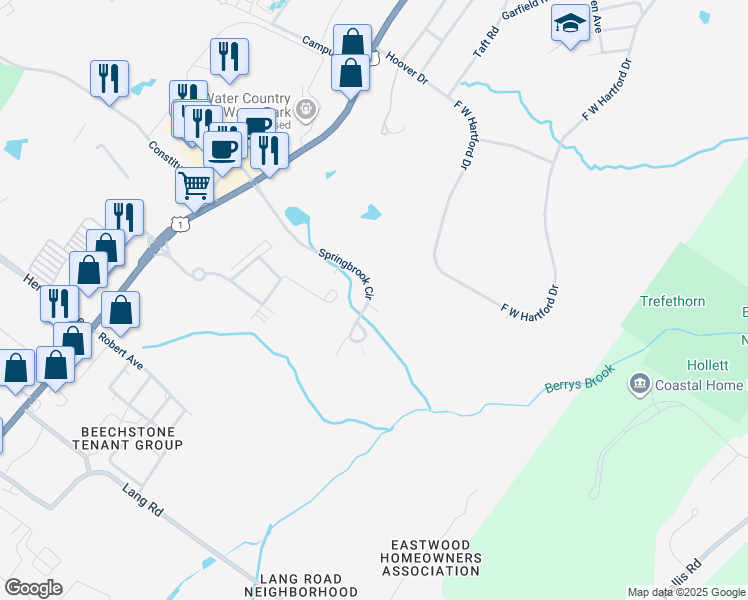 map of restaurants, bars, coffee shops, grocery stores, and more near 216 Spring Brook Circle in Portsmouth