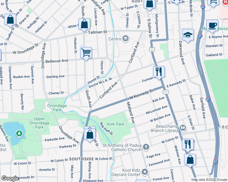 map of restaurants, bars, coffee shops, grocery stores, and more near 439 Cortland Avenue in Syracuse