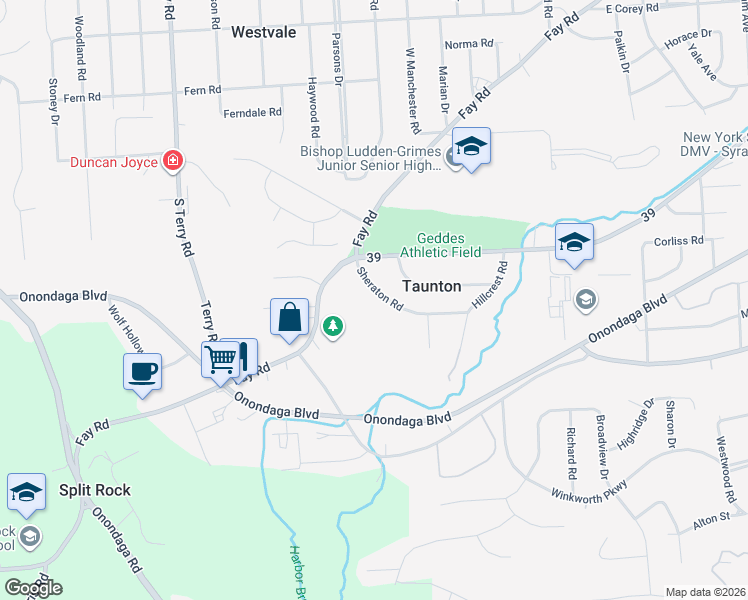 map of restaurants, bars, coffee shops, grocery stores, and more near 133 Sheraton Road in Syracuse