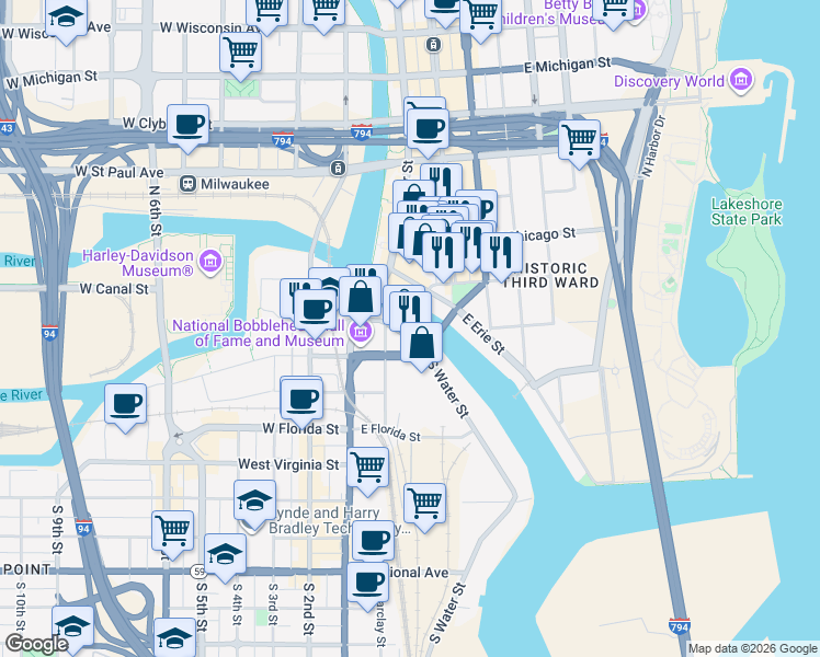 map of restaurants, bars, coffee shops, grocery stores, and more near 200 South Water Street in Milwaukee