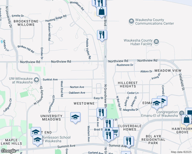 map of restaurants, bars, coffee shops, grocery stores, and more near 1820 Sunkist Avenue in Waukesha