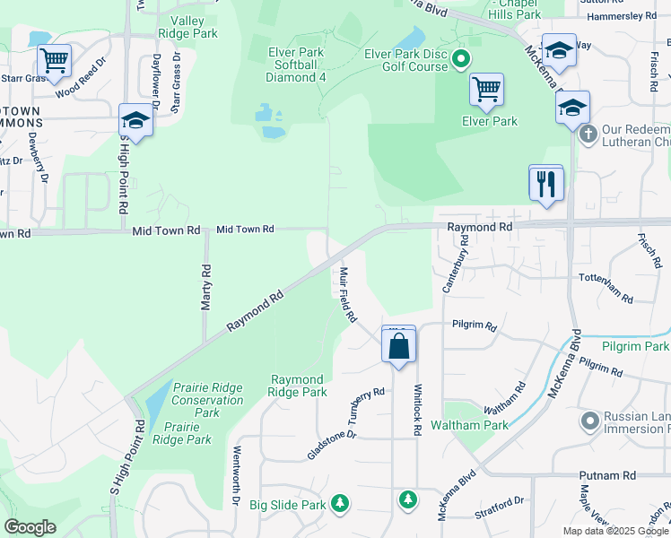 map of restaurants, bars, coffee shops, grocery stores, and more near 7109 Raymond Road in Madison