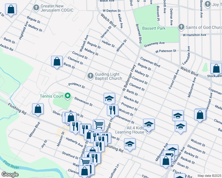 map of restaurants, bars, coffee shops, grocery stores, and more near 2944 Mackin Road in Flint