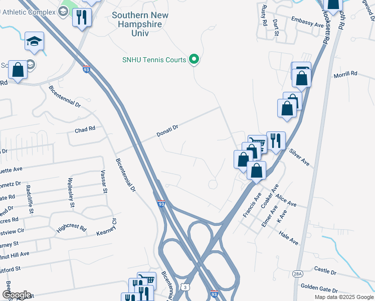 map of restaurants, bars, coffee shops, grocery stores, and more near 10 Ridgeview Drive in Hooksett