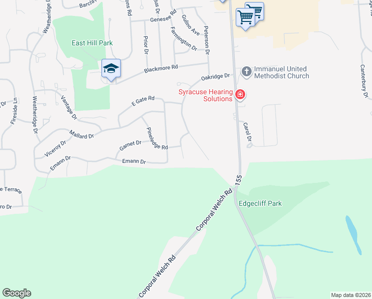 map of restaurants, bars, coffee shops, grocery stores, and more near 103 Barcroft Drive in Camillus