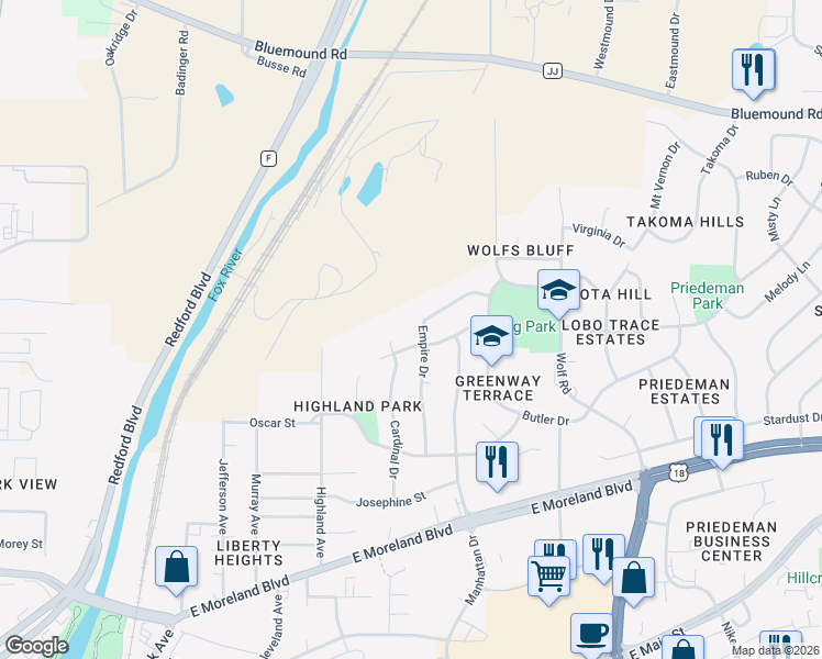 map of restaurants, bars, coffee shops, grocery stores, and more near 2116 Empire Drive in Waukesha