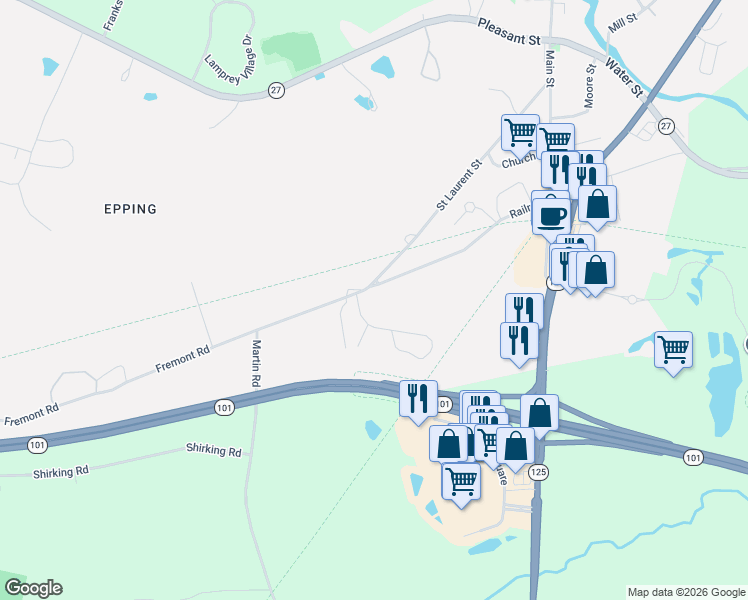 map of restaurants, bars, coffee shops, grocery stores, and more near 140 Railroad Avenue in Epping