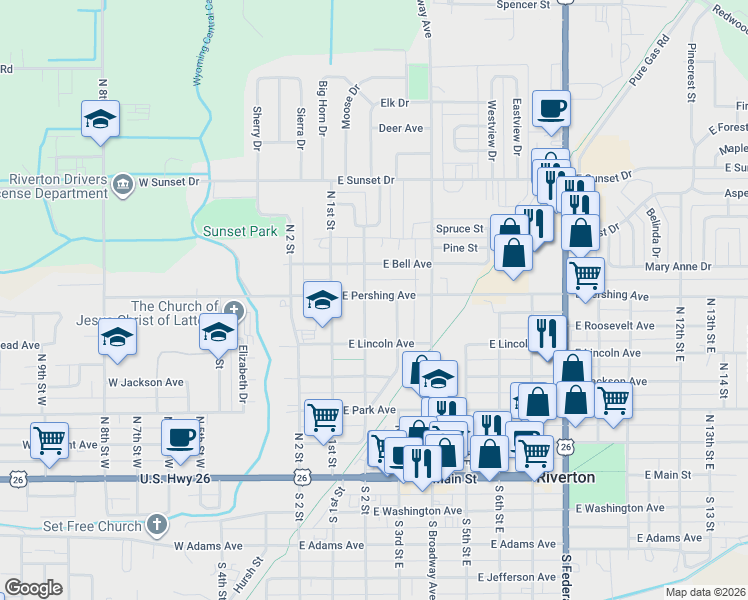 map of restaurants, bars, coffee shops, grocery stores, and more near 205 East Pershing Avenue in Riverton