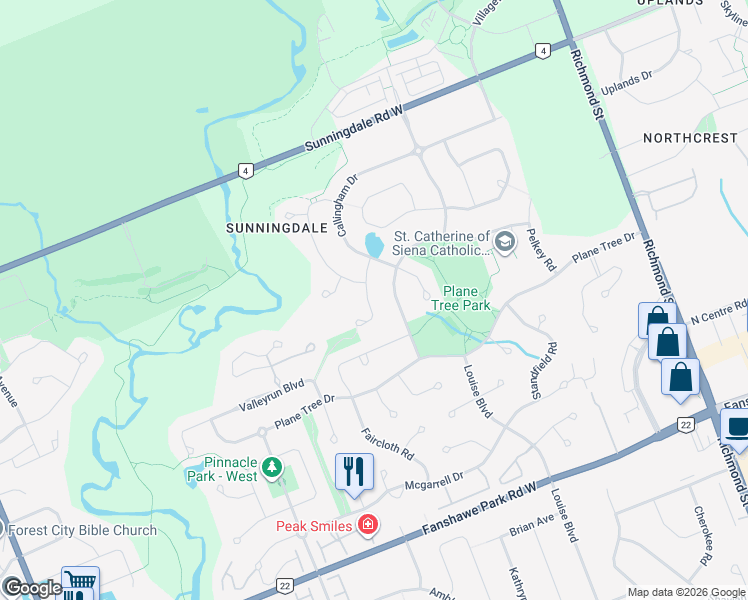 map of restaurants, bars, coffee shops, grocery stores, and more near 2148 Creekridge Bend in London