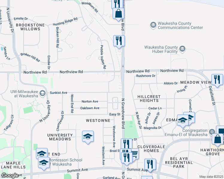 map of restaurants, bars, coffee shops, grocery stores, and more near 1820 Sunkist Avenue in Waukesha