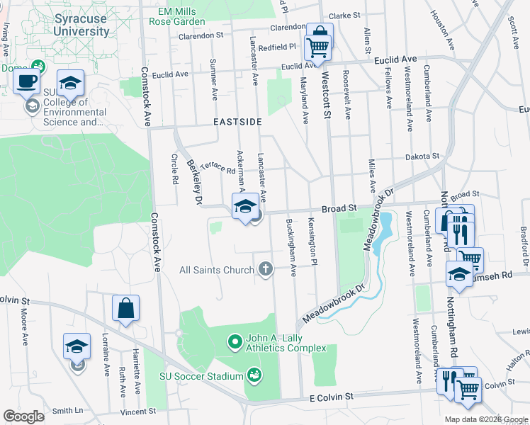 map of restaurants, bars, coffee shops, grocery stores, and more near 1099 Lancaster Avenue in Syracuse