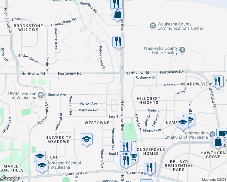 map of restaurants, bars, coffee shops, grocery stores, and more near 1820 Sunkist Avenue in Waukesha