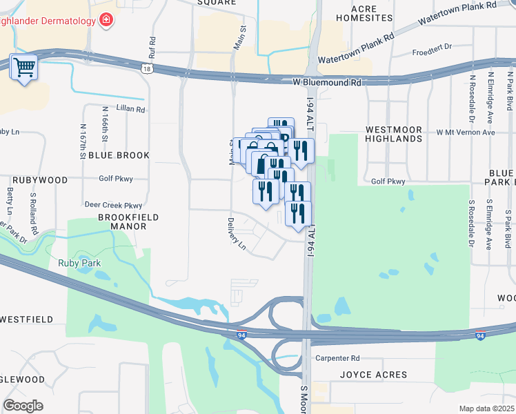 map of restaurants, bars, coffee shops, grocery stores, and more near 115 South Moorland Road in Brookfield