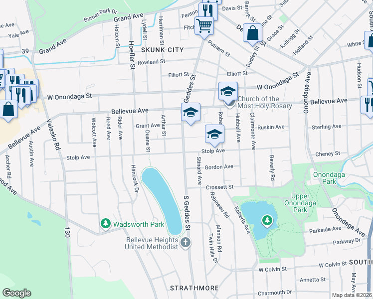 map of restaurants, bars, coffee shops, grocery stores, and more near 1709 South Geddes Street in Syracuse