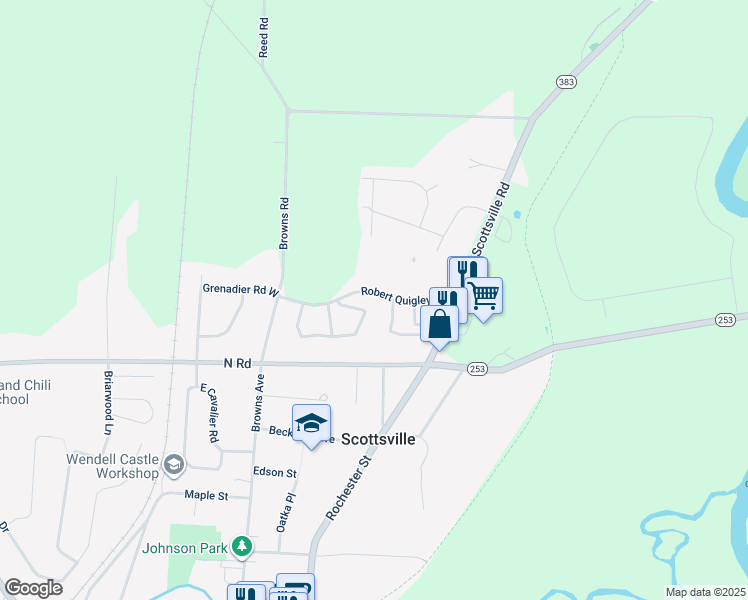 map of restaurants, bars, coffee shops, grocery stores, and more near 249 Robert Quigley Drive in Scottsville