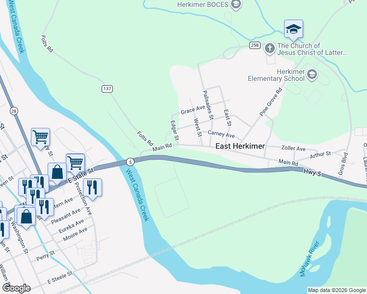 map of restaurants, bars, coffee shops, grocery stores, and more near 165 Main Road in Herkimer