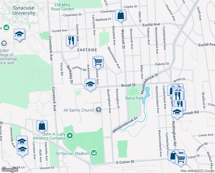 map of restaurants, bars, coffee shops, grocery stores, and more near Broad Street & Buckingham Avenue in Syracuse