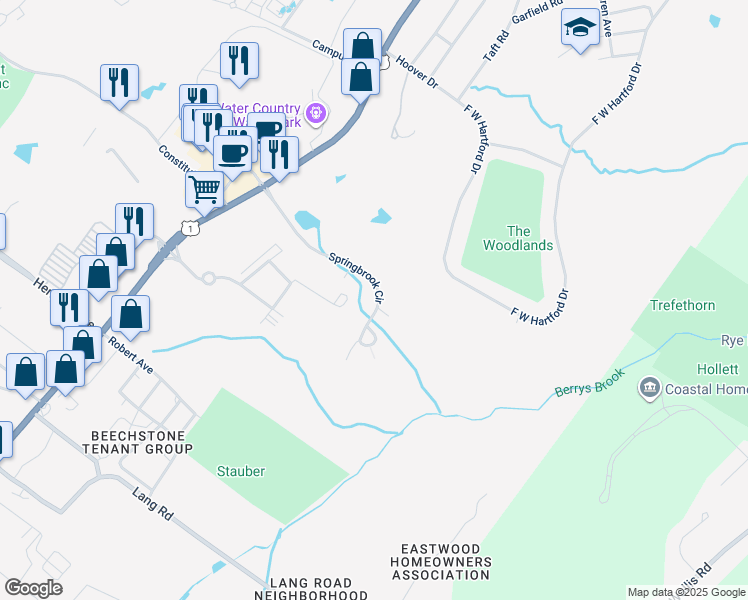 map of restaurants, bars, coffee shops, grocery stores, and more near 216 Spring Brook Circle in Portsmouth