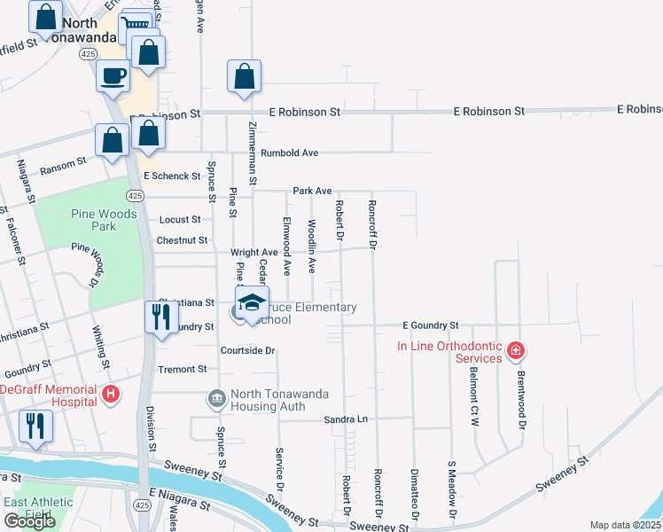 map of restaurants, bars, coffee shops, grocery stores, and more near 741 Wright Avenue in North Tonawanda