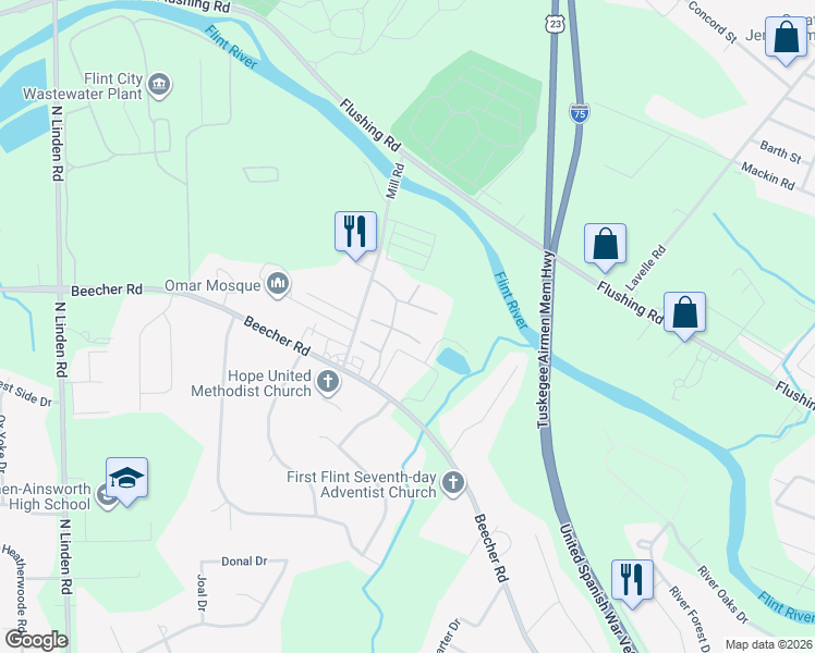 map of restaurants, bars, coffee shops, grocery stores, and more near 10 Lennington Drive in Flint