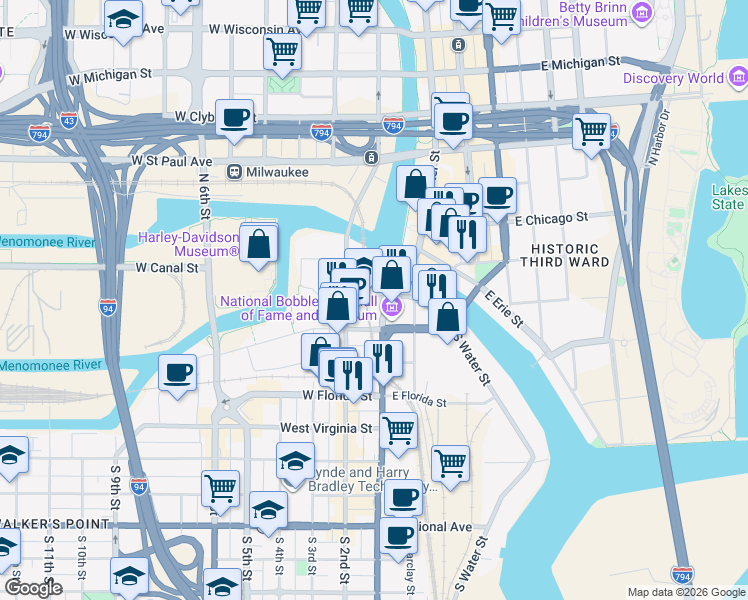 map of restaurants, bars, coffee shops, grocery stores, and more near 160 West Seeboth Street in Milwaukee