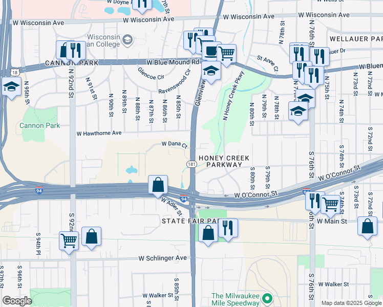 map of restaurants, bars, coffee shops, grocery stores, and more near 162 South 84th Street in Milwaukee