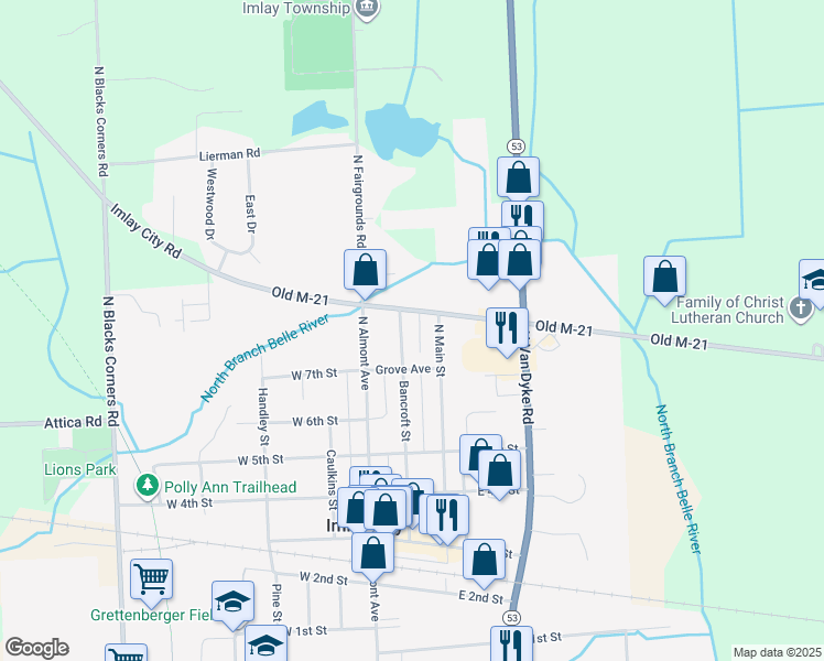 map of restaurants, bars, coffee shops, grocery stores, and more near 570 Bancroft Street in Imlay City
