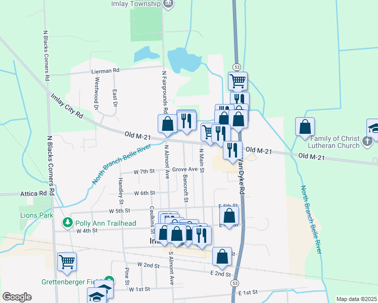 map of restaurants, bars, coffee shops, grocery stores, and more near 570 Bancroft Street in Imlay City