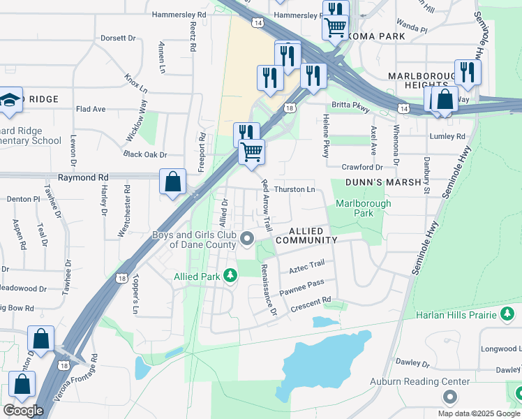 map of restaurants, bars, coffee shops, grocery stores, and more near 2114 Red Arrow Trail in Fitchburg