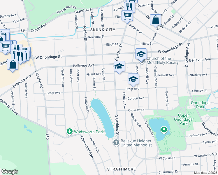 map of restaurants, bars, coffee shops, grocery stores, and more near 307 Laforte Avenue in Syracuse