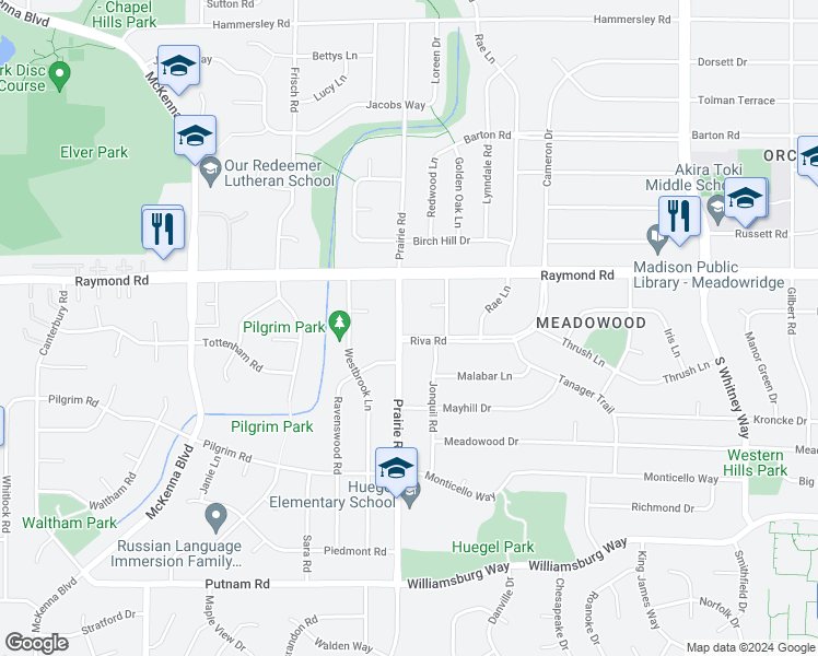 map of restaurants, bars, coffee shops, grocery stores, and more near 6118 Riva Road in Madison