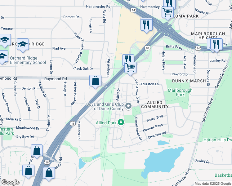 map of restaurants, bars, coffee shops, grocery stores, and more near 2202 Allied Drive in Madison