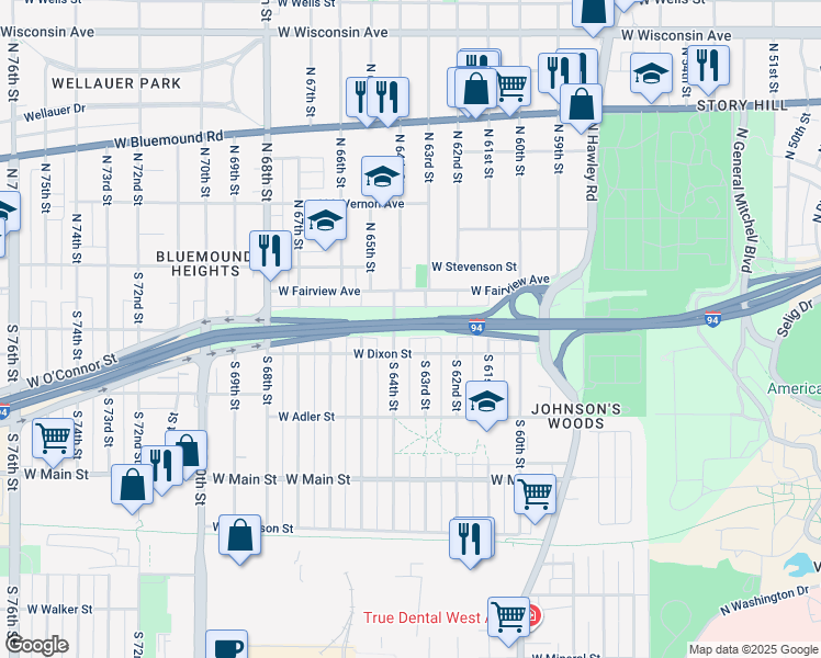 map of restaurants, bars, coffee shops, grocery stores, and more near 146 South 64th Street in Milwaukee