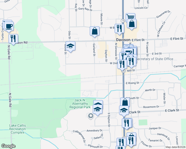 map of restaurants, bars, coffee shops, grocery stores, and more near 115 Garland Street in Davison