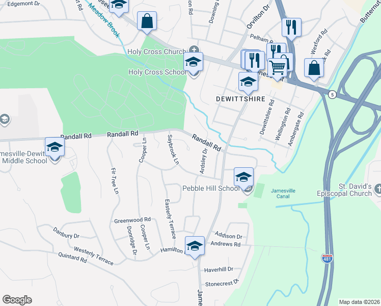 map of restaurants, bars, coffee shops, grocery stores, and more near 8 Northridge Road in Syracuse