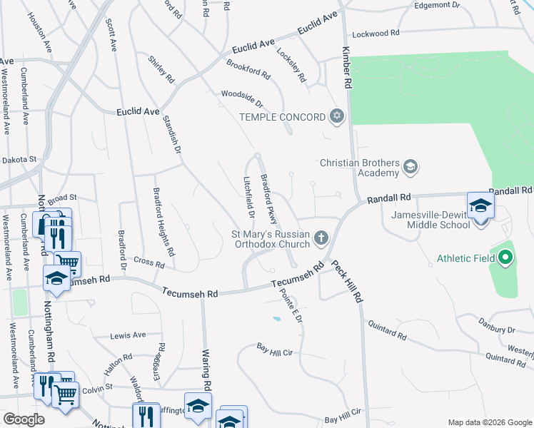 map of restaurants, bars, coffee shops, grocery stores, and more near 614 Bradford Parkway in Syracuse
