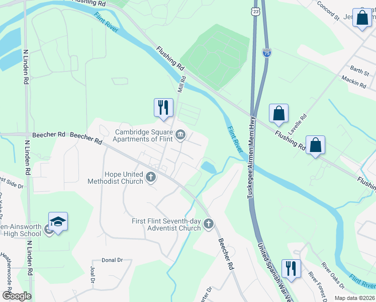 map of restaurants, bars, coffee shops, grocery stores, and more near 10 Lennington Drive in Flint