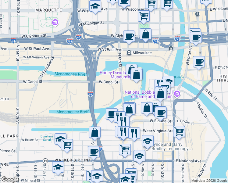 map of restaurants, bars, coffee shops, grocery stores, and more near 643 West Canal Street in Milwaukee