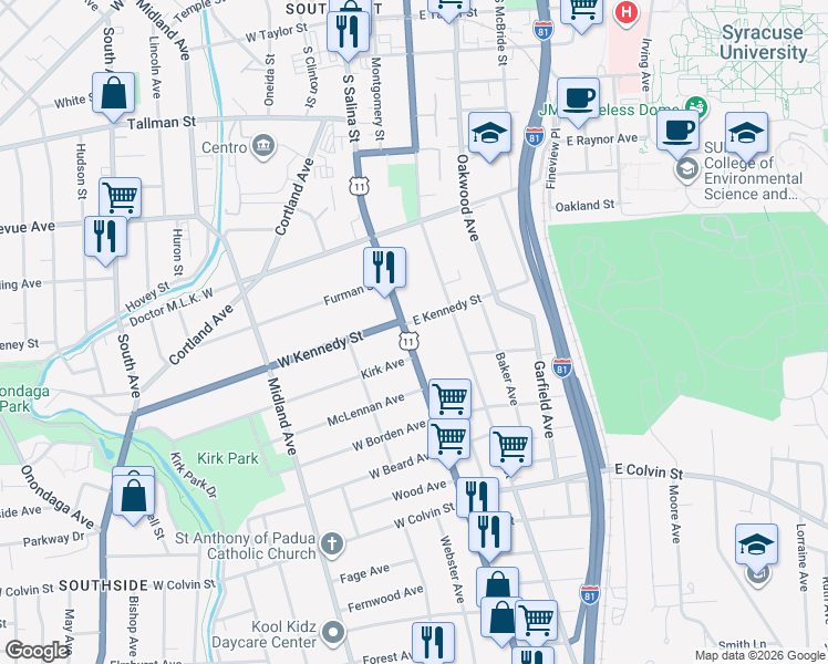map of restaurants, bars, coffee shops, grocery stores, and more near in Syracuse