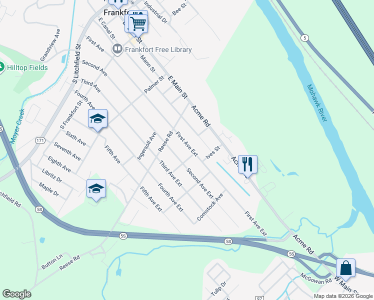 map of restaurants, bars, coffee shops, grocery stores, and more near 412 First Avenue Extension in Frankfort