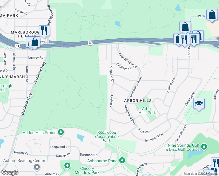 map of restaurants, bars, coffee shops, grocery stores, and more near 3110 Leyton Lane in Madison