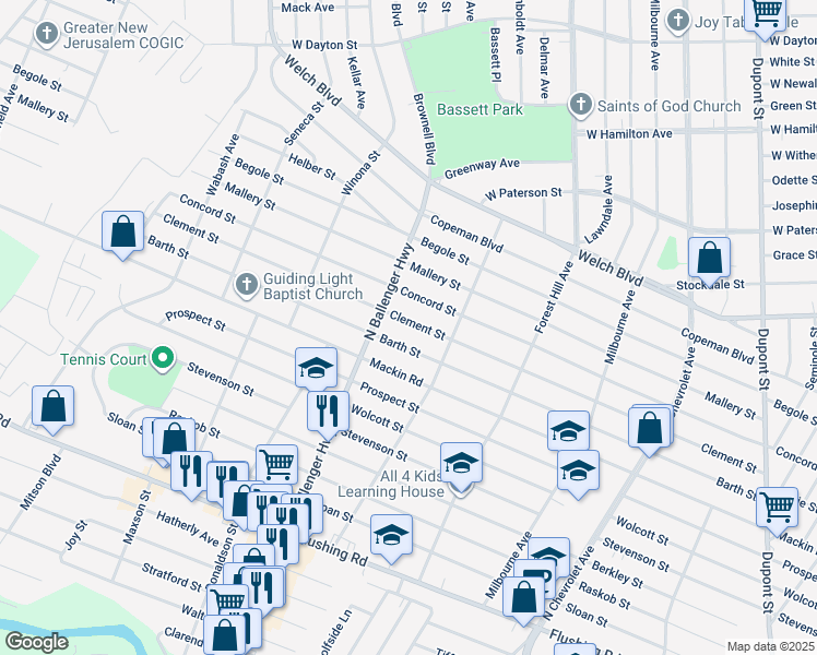 map of restaurants, bars, coffee shops, grocery stores, and more near 2835 Clement Street in Flint