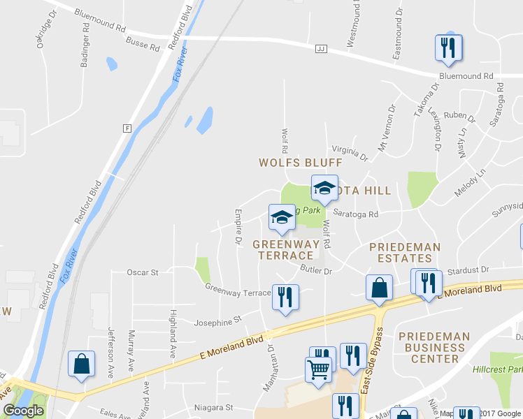 map of restaurants, bars, coffee shops, grocery stores, and more near 1508 Atlantic Drive in Waukesha