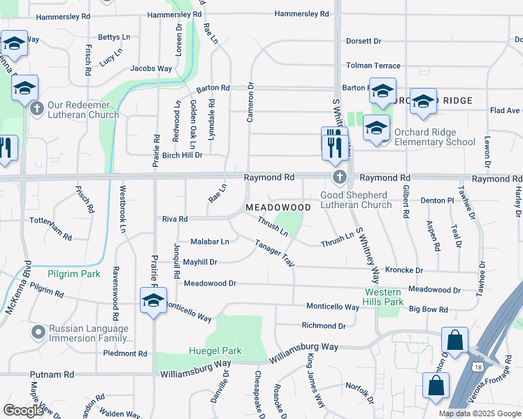 map of restaurants, bars, coffee shops, grocery stores, and more near 5834 Balsam Road in Madison