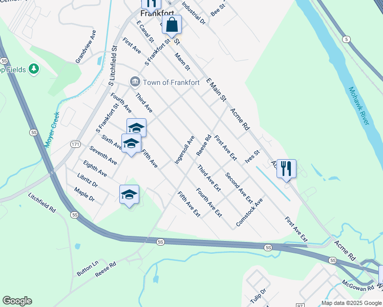 map of restaurants, bars, coffee shops, grocery stores, and more near 343 Third Avenue in Frankfort