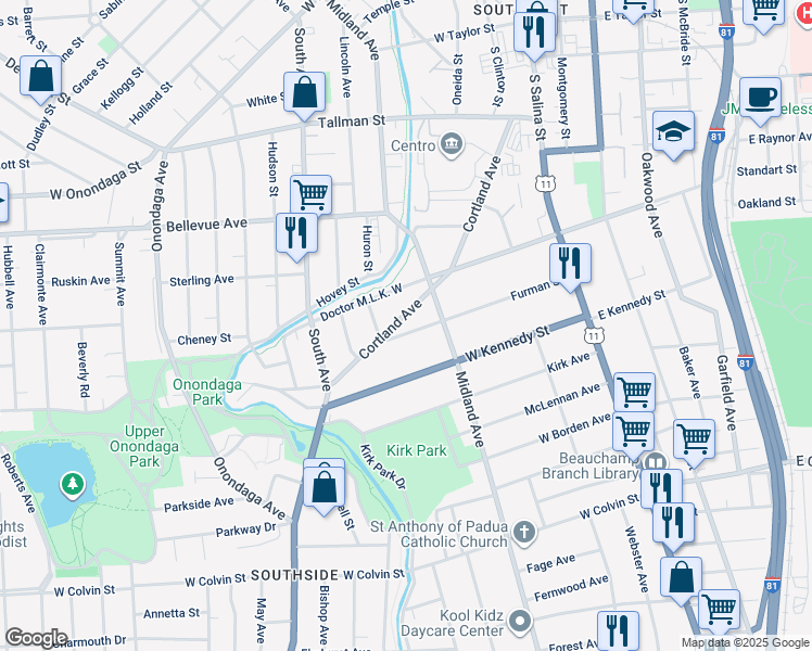 map of restaurants, bars, coffee shops, grocery stores, and more near 439 Cortland Avenue in Syracuse