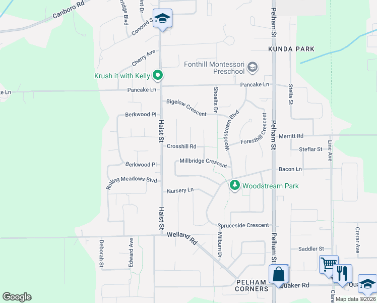 map of restaurants, bars, coffee shops, grocery stores, and more near 11 Crosshill Road in Pelham