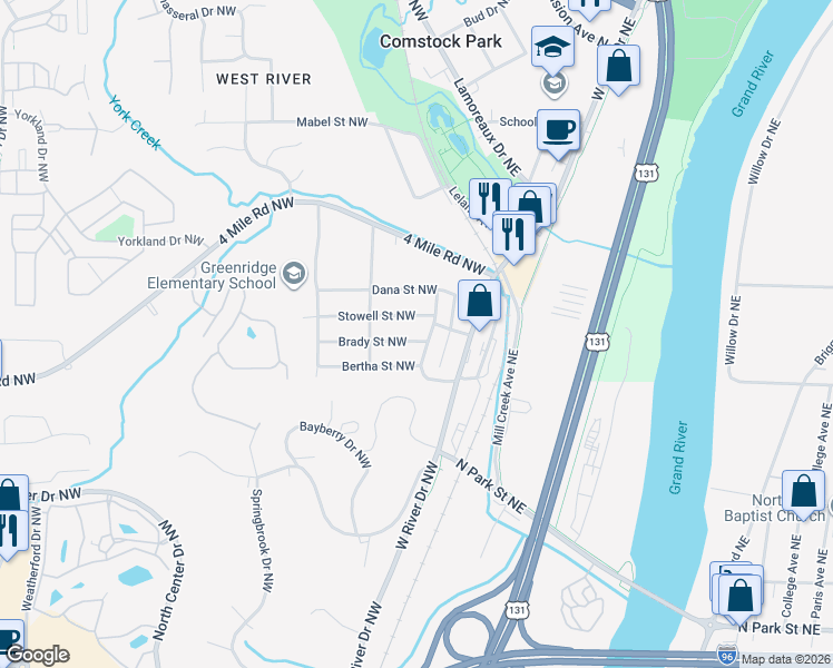 map of restaurants, bars, coffee shops, grocery stores, and more near 315 Brady Street Northwest in Comstock Park