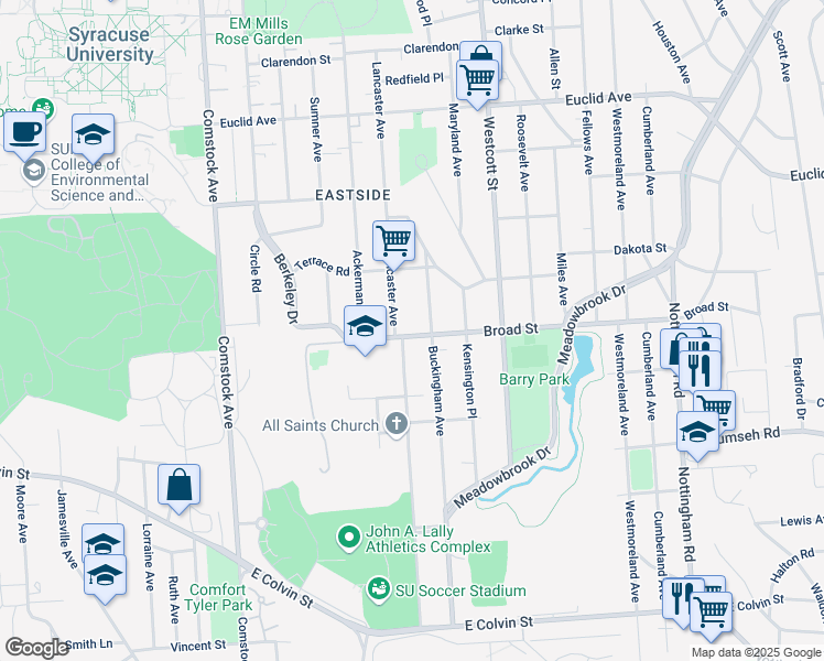 map of restaurants, bars, coffee shops, grocery stores, and more near 311 Broad Street in Syracuse